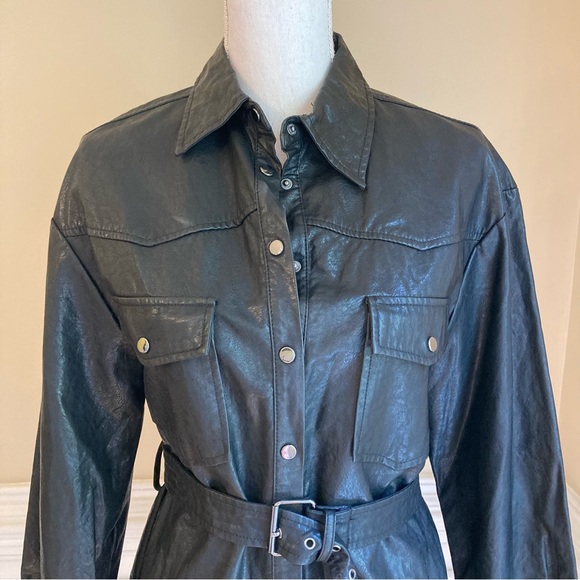 ZARA Faux Vegan Leather Button Up Shirt Belted Jacket - Picture 2 of 8